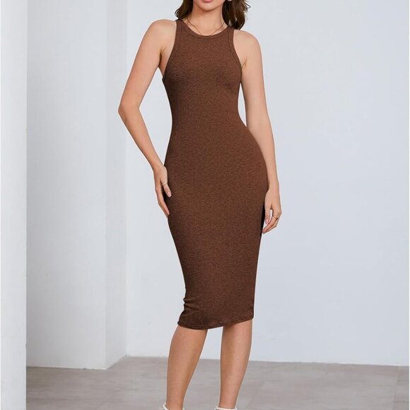 Women's Sleeveless Ribbed Knit Midi Dress Fall Casual Office Wedding Guest - Picture 4 of 6